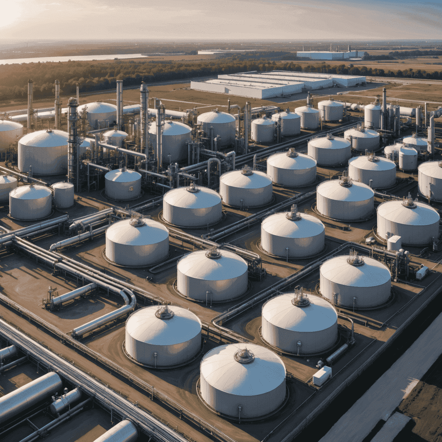 A panoramic view of a modern gas processing facility with pipelines and storage tanks, showcasing the latest technological advancements in the gas industry