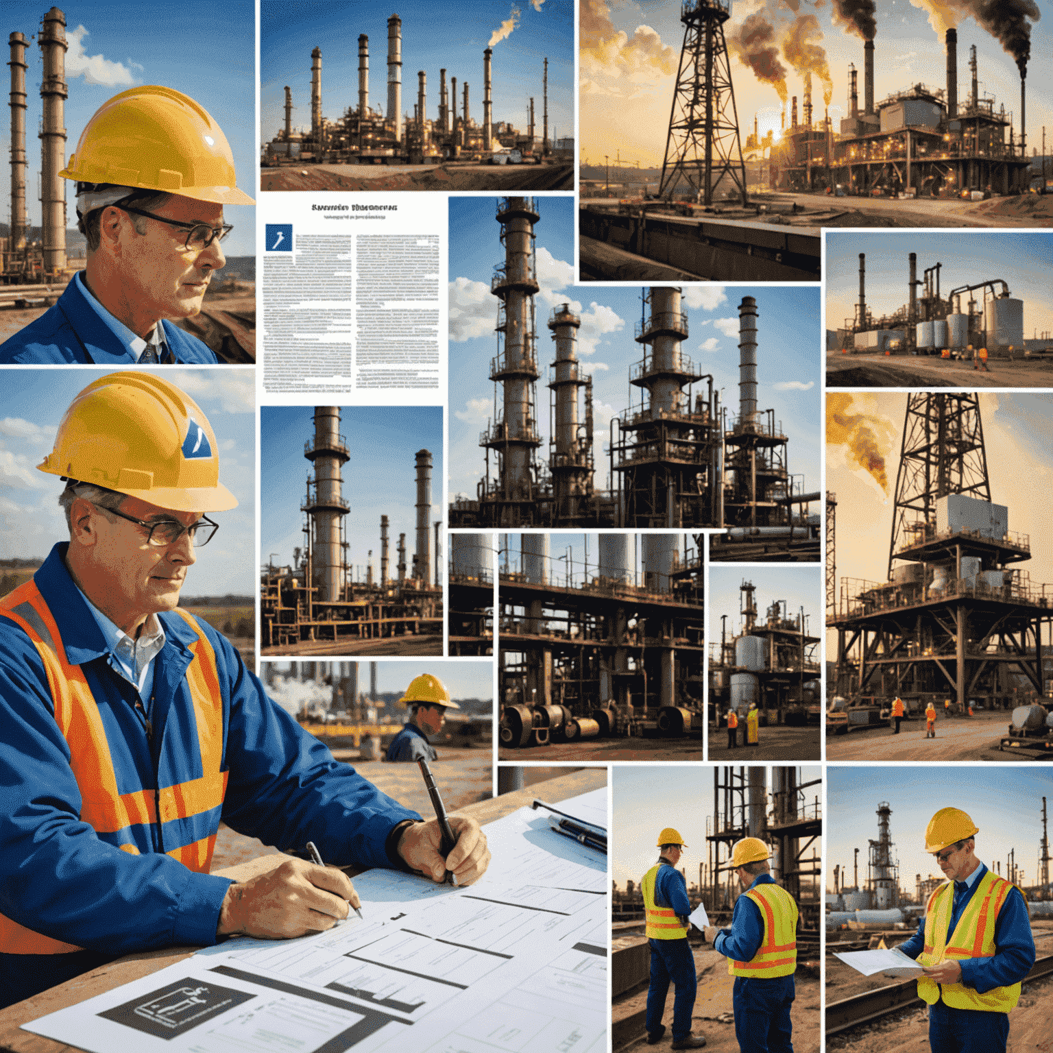 A collage showing gas industry infrastructure, consultants reviewing documents, and regulatory symbols