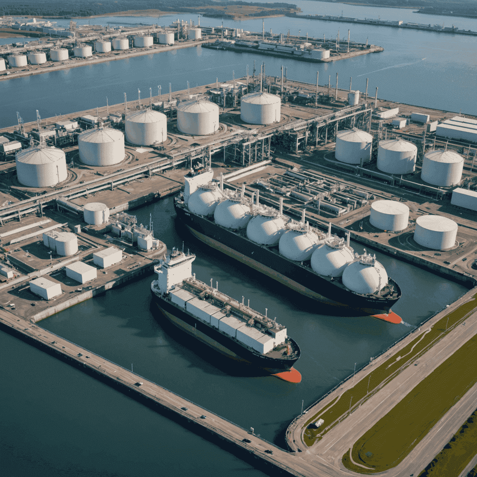 An aerial view of a large LNG terminal with tankers docked and storage facilities in the background, illustrating the expansion of LNG infrastructure