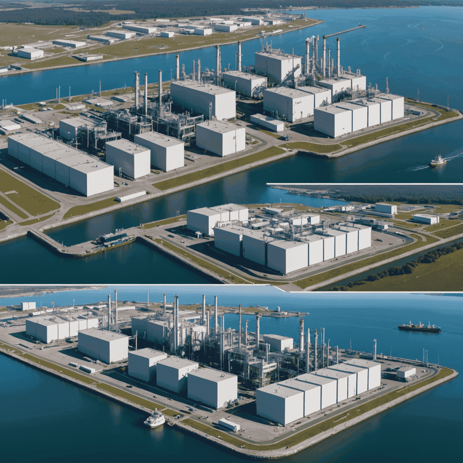 A split-screen image showing a physical LNG terminal on one side and its digital twin representation on the other, with data overlays and predictive analytics